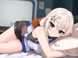  1girl 9a-91_(girls'_frontline) absurdres alternate_costume black_shorts blonde_hair blue_eyes blush closed_mouth commentary commission elmo_dormitory_outfit english_commentary girls'_frontline_2:_exilium girls_frontline hair_ornament highres hugging_object indoors light_smile long_hair looking_at_viewer lying nabiyan pillow pillow_hug pixiv_commission shorts solo star_(symbol) star_hair_ornament 