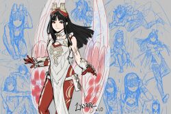  1girl artist_name bare_shoulders bird_girl black_hair breasts cleavage_cutout clothing_cutout commentary english_commentary fire_emblem fire_emblem_heroes gloves glowing glowing_wings goggles goggles_on_head highres hraesvelgr_(fire_emblem) leggings lynarc multiple_views red_aura red_eyes red_gloves red_leggings red_wings scar scar_on_arm sketch_background small_breasts wings 