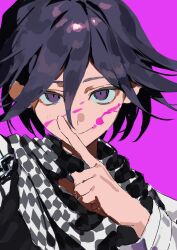  1boy 333takoyaki blood blood_on_face blood_splatter checkered_clothes checkered_scarf commentary commentary_request danganronpa_(series) danganronpa_v3:_killing_harmony flipped_hair hair_between_eyes hand_up index_finger_raised long_sleeves looking_at_viewer male_focus medium_hair oma_kokichi pink_background pink_blood portrait purple_hair scarf short_hair smile smirk smug solo two-tone_scarf violet_eyes 