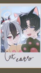  1boy 1girl :d animal_ear_fluff animal_ears animal_hands black_choker black_hair black_horns blue_archive cat_ears cat_paws choker closed_mouth demon_horns earclip fake_animal_ears fake_photograph gloves grey_halo hair_between_eyes halo highres horns kayoko_(blue_archive) looking_at_viewer multicolored_hair open_mouth paw_gloves red_eyes sensei_(blue_archive) sensei_(blue_archive_the_animation) shi_draco smile two-tone_hair white_hair 