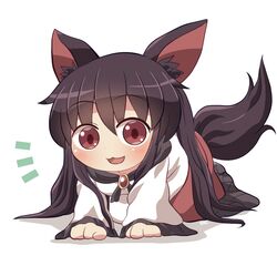  1girl animal_ears blush brown_hair closed_eyes dress fang hair_between_eyes imaizumi_kagerou long_hair long_sleeves open_mouth red_dress red_eyes rokugou_daisuke signature simple_background smile solo tail touhou white_background white_dress wide_sleeves wolf_ears wolf_tail 