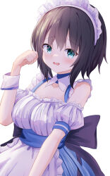  1girl absurdres aoi_erika apron aqua_eyes back_bow bare_shoulders black_bow black_hair blue_dress blush bow breasts commentary cowboy_shot detached_collar detached_sleeves dress eyes_visible_through_hair frilled_apron frilled_sleeves frills furrowed_brow hair_between_eyes hand_up heaven_burns_red highres huge_bow large_breasts looking_at_viewer maid maid_apron maid_headdress medium_hair official_alternate_costume open_mouth paw_pose puffy_short_sleeves puffy_sleeves shaketamago short_sleeves simple_background sleeveless sleeveless_dress solo wavy_mouth white_apron white_background white_wrist_cuffs wrist_cuffs 