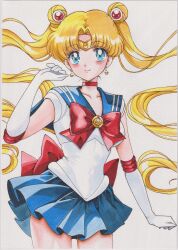  1girl absurdres bishoujo_senshi_sailor_moon blonde_hair blue_eyes blue_sailor_collar bow chikoto_(kztc4472) choker collarbone commentary double_bun earrings elbow_gloves gloves hair_bun hair_ornament highres jewelry long_hair looking_at_viewer red_choker sailor_collar sailor_moon sailor_senshi_uniform simple_background skirt smile solo star_(symbol) star_earrings traditional_media transformation_brooch_(sailor_moon) tsukino_usagi twintails white_background white_gloves 