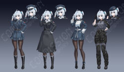  1girl absurdres ahoge belt black_pantyhose blazer blue_eyes boots commission dress grey_hair hat highres huihuang_rongyao jacket long_dress long_hair looking_at_viewer military military_combat_uniform military_uniform multiple_views original pantyhose peaked_cap pleated_dress side_ponytail standing tactical_clothes 