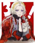  1girl blush breasts cape closed_mouth edelgard_von_hresvelg fire_emblem fire_emblem:_three_houses fire_emblem_warriors:_three_hopes gloves hair_ornament hair_ribbon highres jewelry long_hair long_sleeves looking_at_viewer mr_(mst_011) official_alternate_costume official_alternate_hairstyle red_cape ribbon simple_background smile solo uniform violet_eyes white_hair 