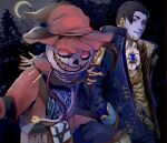  1boy 1other ambiguous_gender apex_legends black_hair bloodhound_(apex_legends) blue_eyes blue_jacket blue_pants blue_skin cable colored_skin crescent_moon crypto_(apex_legends) fangs forest hair_behind_ear hand_in_pocket hat highres jack-o&#039;-lantern jacket lantern lupi_(yuni_060969) midnight_cipher_crypto moon nature night night_sky pants red_headwear red_jacket shirt sky vest white_shirt wicked_harvest_bloodhound witch_hat yellow_vest 