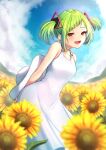  absurdres arms_behind_back blue_sky blush choker clouds delutaya dress field flower flower_field green_hair hat hat_removed headwear_removed highres indie_virtual_youtuber looking_at_viewer mountainous_horizon nishiuji sky smile sundress triangle_hair_ornament twintails white_dress white_headwear yellow_eyes 