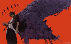  2girls 6+boys absurdres asteris-kitsy azami_soushirou black_butterfly black_hair black_haori bug butterfly centipede colored_sclera dragonfly female_sword_bearer_(kagurabachi) hand_on_hilt haori highres holding japanese_clothes kagurabachi katana magatsumi_(sword) male_focus medium_hair multiple_boys multiple_girls red_eyes rokuhira_chihiro rokuhira_kunishige samura_iori samura_seiichi shiba_tougo shirt short_hair skeleton soga_akemura spider subaru_(kagurabachi) sword uruha_youji weapon yura_(kagurabachi) 