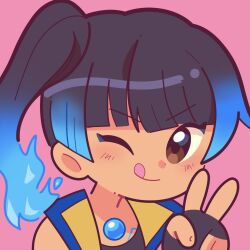  1girl black_hair blue_hair blush brown_eyes chest_jewel commentary dark-skinned_female dark_skin dot_nose english_commentary fiery_hair gradient_hair highres looking_at_viewer marikyuunn medium_hair multicolored_hair one_eye_closed pink_background ponytail portrait sena_(xenoblade) side_ponytail simple_background smile solo thick_lineart tongue tongue_out v v-shaped_eyebrows xenoblade_chronicles_(series) xenoblade_chronicles_3 