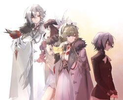  4girls age_progression aiguillette arlecchino_(genshin_impact) black_bow black_corset black_eyes black_hair black_hairband black_hands black_jacket black_pants black_shirt black_sleeves blue_dress blue_eyes bow bowtie breasts bright_pupils brown_hair buttons chain claws clenched_hands closed_eyes closed_mouth coat collarbone collared_jacket collared_shirt colored_extremities columbina_(genshin_impact) corset cowboy_shot crossed_bangs cuffs detached_collar detached_sleeves dress dual_persona english_commentary eye_mask feathered_wings frills fur-trimmed_coat fur_trim gem genshin_impact gradient_background gradient_hair grey_hair hair_between_eyes hair_bow hair_ornament hair_tubes hairband half-closed_eyes hand_up head_wings jacket jewelry lapels long_hair long_sleeves looking_at_another looking_to_the_side mask medium_breasts multicolored_hair multiple_girls multiple_wings open_clothes open_coat open_mouth pants pendant peruere_(genshin_impact) pink_background pink_hair red_gem red_pupils sandrone_(genshin_impact) shirt short_dress short_hair short_hair_with_long_locks shorts sidelocks simple_background sleeveless sleeveless_dress smile standing strapless strapless_dress symbol-shaped_pupils teeth two-tone_hair viviwi white_background white_bow white_bowtie white_coat white_dress white_headdress white_jacket white_mask white_pupils white_shirt white_shorts wing_collar wings x-shaped_pupils x_hair_ornament 