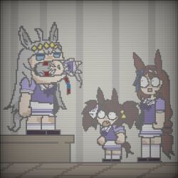  4girls ahoge animal_ears blue_eyes blue_hairband bow braid braided_ponytail brown_hair commentary ear_bow ear_ornament english_commentary fang fox_mask grey_hair grey_tail hairband headband highres horse_ears horse_girl horse_tail inari_one_(umamusume) long_hair mask mask_on_head multicolored_hair multicolored_hairband multiple_girls oguri_cap_(umamusume) oligogi_meoggosipda open_mouth red_headband scene_reference school_uniform streaked_hair striped_clothes striped_hairband super_creek_(umamusume) tail tamamo_cross_(umamusume) tracen_school_uniform twintails two-tone_hairband umamusume 