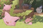  :d commentary_request day fire flame flower_pot grass happy highres holding hoppip litwick no_humans oddish omaru_(wick_moshi) open_mouth outdoors plant pokemon pokemon_(creature) smile tongue tree vines yellow_eyes 