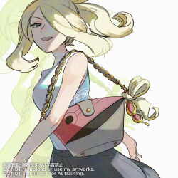  1girl bag blonde_hair cynthia_(pokemon) grey_eyes hair_over_one_eye haraya looking_down mixed-language_commentary open_mouth pokemon pokemon_masters_ex shirt sidelocks signature skirt sleeveless sleeveless_shirt solo teeth upper_teeth_only watermark 