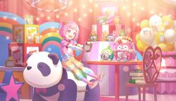  1girl :d aged_down balloon bloom_festival_(project_sekai) blush book chair child colorful_palette flower game_cg hair_flower hair_ornament happy highres holding holding_picture_frame kamishiro_rui kiritani_haruka kusanagi_nene official_art ootori_emu ootori_hinata ootori_keisuke_(project_sekai) ootori_rakunosuke ootori_shousuke orange_shorts phenny_(project_sekai) picture_frame pink_eyes pink_hair pink_shirt pink_shoes project_sekai rainbow_thighhighs shirt shoes shorts sitting sitting_on_stuffed_toy smile star_(symbol) star_print stuffed_animal stuffed_panda stuffed_toy table tenma_tsukasa third-party_source toy_box yellow_flower 