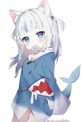  1girl animal_costume animal_ear_fluff animal_ears animal_hood blue_eyes blue_hair blue_hoodie blunt_bangs blush breasts cat_ears clothing_cutout commentary cowboy_shot drawstring english_commentary fish_in_mouth fish_skeleton gawr_gura gawr_gura_(1st_costume) grey_hair hair_ornament highres hololive hololive_english hood hoodie long_hair multicolored_hair solo standing streaked_hair toufu_mentaru_zabuton two_side_up very_long_hair virtual_youtuber white_background wide_sleeves 