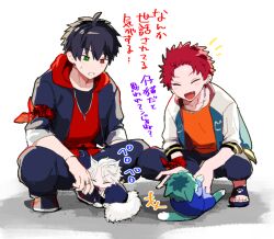  +++ 4boys :d :o ahoge animal_ears animal_feet animal_hands aohitsugi_samatoki aohitsugi_samatoki_(tdd_era) aqua_hair arms_up bandana bandana_around_arm belt belt_buckle black_hair black_jacket black_pants black_sandals black_shirt blue_jacket blush bracelet buckle capri_pants cat_boy cat_ears cat_paws cat_tail chain chain_necklace choppy_bangs closed_eyes collarbone commentary_request ear_piercing earrings ears_down fang fluffy_tail full_body fusion green_eyes grin hair_between_eyes hair_slicked_back harai_kuko harai_kuko_(tdd_era) heterochromia hood hood_down hoodie hunched_over hypnosis_mic jacket jacket_over_hoodie jewelry kemonomimi_mode leather leather_jacket licking long_sleeves looking_at_another loose_hair_strand lying mad_comic_dialogue male_focus mini_person miniboy mole mole_under_eye multiple_boys multiple_piercings nbnekochan necklace notice_lines nurude_sasara nurude_sasara_(tdd_era) on_back on_ground orange_shirt pale_skin pants pet piercing red_bandana red_eyes red_hair red_hoodie sandals shadow shiny_forehead shirt shoes short_hair silver_ring simple_background sitting sleeves_pushed_up sleeves_rolled_up slides small_sweatdrop smile sneakers sound_effects squatting sukajan tail tongue tongue_out translation_request unzipped very_short_hair white_background white_hair white_jacket white_shirt yamada_ichiro yamada_ichiro_(tdd_era) 