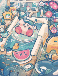  :d acro_(kirby) bath blue_eyes blush_stickers bubble commentary_request diving_mask elfilin eyewear_on_head food fruit goggles harukui highres innertube kirby kirby_(series) leaf no_humans open_mouth plate rubber_duck shampoo_bottle sink smile soap solo stool swim_ring water watermelon watermelon_slice 