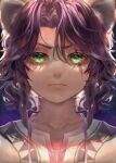 1boy absurdres animal_ears bangs braid child closed_mouth dark-skinned_male dark_skin eyelashes frown green_eyes hair_between_eyes highres jewelry leona_kingscholar lion_ears looking_at_viewer male_child male_focus necklace night night_sky portrait purple_hair scar scar_across_eye short_hair side_braid sky sky7colors solo star_(sky) starry_sky straight-on twin_braids twisted_wonderland wavy_hair younger 