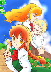  3girls absurdres blonde_hair blue_horns blue_sky bow braid brown_dress brown_eyes closed_eyes clouds collared_shirt commentary_request dress floating_hair green_dress hair_bow hand_on_another's_arm hand_up hands_on_another's_back highres horns hug index_finger_raised kisaragi_miyuki leaf long_hair long_sleeves looking_at_viewer looking_to_the_side morishita_rie multiple_girls outdoors pinafore_dress pink_horns projected_inset red_hair sakurazaki_sakurako shirt short_hair single_braid single_horn sky sleeveless sleeveless_dress standing star_(symbol) takemoto_izumi_(style) turning_head white_shirt yellow_bow yoshizawa_yumimi yumimi_mix 