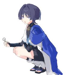  1boy 624_itumo arm_on_thigh armor black_bodysuit black_bridal_gauntlets black_hair black_sandals black_shorts blue_kimono blue_sleeves blunt_ends bodysuit bridal_gauntlets bridal_legwear bright_pupils clenched_hand eyeliner eyeshadow full_body furisode genshin_impact hair_intakes highres holding japanese_armor japanese_clothes juban kimono kote kurokote layered_sleeves leg_warmers looking_at_viewer makeup male_focus mandarin_collar open_clothes open_kimono open_mouth red_eyeliner red_eyeshadow sandals scaramouche_(genshin_impact) short_sleeves shorts shoulder_peek sketch solo squatting stirrup_legwear toeless_legwear toes tsurime violet_eyes wanderer_(genshin_impact) white_background white_kimono white_leg_warmers white_pupils white_sleeves wispy_bangs zouri 