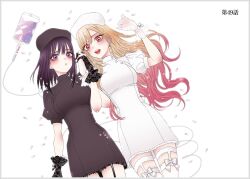  2girls black_dress black_gloves black_hat black_thighhighs blonde_hair blush breasts catheter cosplay dress dual_persona frilled_dress frilled_gloves frills fukuda_shinichi garter_straps gloves hat highres holding holding_hands kitagawa_marin kuroe_shizuku kuroe_shizuku_(cosplay) lace-trimmed_dress lace_trim large_breasts long_hair medium_hair multicolored_hair multiple_girls nurse nurse_cap official_art open_mouth pill pink_hair puffy_short_sleeves puffy_sleeves purple_hair red_eyes see-through_clothes see-through_gloves short_sleeves smile sono_bisque_doll_wa_koi_wo_suru thigh-highs third-party_source two-tone_hair very_long_hair violet_eyes white_dress white_gloves white_hat white_thighhighs 