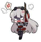  1girl anger_vein angry bangs blush body_armor bulletproof_vest charolic_(girls&#039;_frontline_2) chibi commission commissioner_upload full_body girls&#039;_frontline_2:_exilium grey_hair hair_between_eyes headphones holding holding_sword holding_weapon kurotofu load_bearing_equipment load_bearing_vest long_hair long_sleeves open_mouth pouch running solo sword tactical_clothes transparent_background weapon 