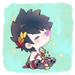  1boy black_hair bug butterfly butterfly_on_nose butterfly_sitting chibi closed_eyes greek_clothes green_background hades_(game) heart laurel_crown male_focus sitting skull smile stuffed_animal stuffed_mouse stuffed_toy uratamameron zagreus_(hades) 