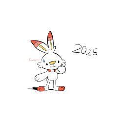  ._. 1other 2025 animal_ears animal_feet animal_hands animal_nose bandaid bandaid_on_face bandaid_on_nose black_eyes blank_eyes body_fur closed_mouth commentary dated english_commentary english_text flat_color full_body furry hand_to_own_mouth hand_up highres j.jama looking_afar other_focus pokemon pokemon_(creature) rabbit_ears rabbit_tail red_fur scorbunny short_tail simple_background solo standing sweatdrop tail two-tone_fur white_background white_fur 