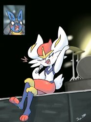  >_< 1boy 1girl ^^^ animal_ears animal_feet animal_hands animal_nose arm_up artist_name blank_eyes blue_fur blush body_fur cinderace closed_eyes commentary crossed_legs drum drum_set english_commentary fan_screaming_at_madison_beer_(meme) fang flat_chest full_body furry furry_female furry_male hand_up happy highres holding holding_microphone instrument j.jama lucario meme microphone multicolored_fur music open_mouth pawpads pokemon pokemon_(creature) rabbit_ears rabbit_girl rabbit_tail red_fur red_hair short_hair short_tail signature singing sitting smile solo_focus stage tail twitter_username white_eyes white_fur wolf_boy wolf_ears yellow_fur 