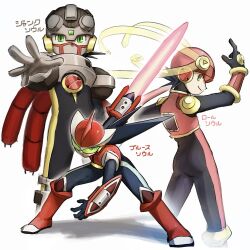  arm_blade armor assault_visor black_hair character_name double_soul_(mega_man) energy_sword green_eyes helmet highres junkman.exe looking_at_viewer mask mega_man_(series) mega_man_battle_network_(series) mega_man_battle_network_4 megaman.exe mouth_mask netnavi noro_zt outstretched_arm pink_armor pink_helmet protoman.exe red_armor red_helmet roll.exe_(mega_man) sword weapon 