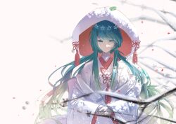  1girl absurdres aqua_eyes aqua_hair blossom0816 blush hair_between_eyes hair_ornament hatsune_miku highres hood hooded_kimono japanese_clothes kimono long_hair long_sleeves looking_at_viewer low_twintails official_alternate_costume official_alternate_hairstyle shiromuku smile snowflake_print solo tassel twintails uchikake upper_body vocaloid wataboushi white_kimono wide_sleeves yuki_miku yuki_miku_(2013) 