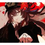  1girl bangs black_coat black_headwear black_nails brown_hair coat commentary_request flower flower-shaped_pupils genshin_impact ghost hat hat_flower hu_tao_(genshin_impact) jewelry long_hair long_sleeves loomyoi2 red_eyes red_flower ring sidelocks solo symbol-shaped_pupils talisman twintails upper_body very_long_hair 