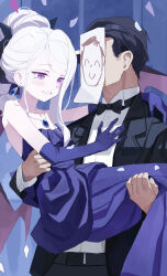  1boy 1girl absurdres black_bow black_bowtie black_hair black_suit blue_archive blurry blush bow bowtie carrying carrying_person collarbone collared_shirt commentary_request cowboy_shot demon_girl demon_horns demon_wings depth_of_field doodle_sensei_(blue_archive) dress earrings elbow_gloves evening_gown fanshuimucishen gloves halo happy highres hina_(blue_archive) hina_(dress)_(blue_archive) horns indoors jewelry long_hair long_sleeves looking_at_another necklace official_alternate_costume official_alternate_hairstyle paper_on_head pearl_necklace pendant pendant_earring ponytail princess_carry purple_dress purple_gloves purple_halo sensei_(blue_archive) shirt sidelocks single_earring standing starry_sky_print strapless strapless_dress suit violet_eyes wavy_hair white_hair white_shirt wings 