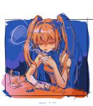  1girl arm_tattoo bare_shoulders bracelet cigarette cigarette_pack closed_eyes closed_mouth cup dated drinking_glass facing_viewer fingernails hatsune_miku highres holding holding_cigarette jewelry lighter long_hair mouth_hold nail_polish nekohara_peninsula orange_hair orange_nails orange_theme smoke smoking solo tattoo twintails vocaloid 