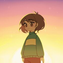  1:1 1other 2023 2d ambiguous_gender arms_at_sides brown_eyes brown_hair brown_shorts chara_(undertale) child digital_media eyelashes floating_hair forut_dondon green_sweater highres horizontal-striped_clothes human other_focus outdoors short_hair shorts single_horizontal_stripe smile solo split_mouth striped_clothes striped_sweater sweater two-tone_sweater undertale utdr_(toby_fox) yellow_stripes 
