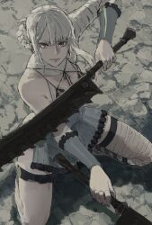  1girl bandaged_arm bandaged_leg bandaged_neck bandages blue_negligee blue_sleeves braid braided_hair_rings brown_eyes closed_mouth dual_wielding from_above hair_between_eyes hair_rings highres holding holding_sword holding_weapon kaine_(nier) kneeling long_hair looking_at_viewer negligee nier_(series) nutori_manga single_bare_shoulder solo sword thigh_strap weapon white_hair 