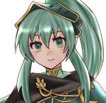  1girl aqua_eyes aqua_hair armor bangs cape eirika_(fire_emblem) fire_emblem fire_emblem:_the_sacred_stones fire_emblem_heroes hair_between_eyes hair_ornament looking_at_viewer official_alternate_costume official_alternate_hairstyle ponytail run_illust shoulder_armor sidelocks smile solo white_background 