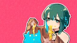  1girl absurdres aqua_hair ayn_(rnna) bare_shoulders black_choker bright_pupils brown_sweater choker colored_inner_hair commentary eating food green_eyes green_hair highres holding holding_food holding_pizza messy_eater multicolored_hair off-shoulder_sweater off_shoulder original pink_background pizza rnna solo sweater symbol-only_commentary upper_body 