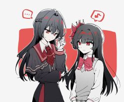  ... 2girls absurdres artist_request ashigaya_high_school_uniform black_hair black_shirt black_skirt closed_mouth collared_shirt commission cosplay crown flower grey_sweater_vest hair_flower hair_ornament hand_on_own_elbow highres koto_satsuki koto_satsuki_(cosplay) long_hair long_sleeves looking_at_another mahou_shoujo_no_majo_saiban multiple_girls musical_note nikaido_hiro nikaido_hiro_(cosplay) red_eyes red_flower school_uniform second-party_source shirt skirt smile spoken_ellipsis spoken_musical_note sweater_vest watashi_ga_koibito_ni_nareru_wake_naijan_murimuri! white_shirt 