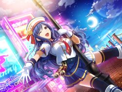  1girl binoculars blue_sailor_collar blue_skirt blue_thighhighs boots breasts crescent_moon game_cg gloves hat hugging_object kochou_shizuha lamppost looking_at_viewer medium_breasts moon necktie neon_lights night official_art one_eye_closed open_mouth outstretched_arm pavement pleated_skirt purple_hair red_necktie sailor_collar sailor_shirt shirt short_sleeves shoujo_kageki_revue_starlight shoujo_kageki_revue_starlight_-re_live- skirt solo thigh-highs upper_body violet_eyes white_boots white_gloves white_hat white_shirt 