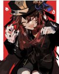  1girl :d bangs black_nails blush brown_coat brown_hair brown_shorts claw_pose coat commentary_request fang flower flower-shaped_pupils genshin_impact hat hat_flower hu_tao_(genshin_impact) long_hair long_sleeves looking_at_viewer loomyoi2 one_eye_closed red_eyes red_flower shorts sketch smile solo symbol-shaped_pupils twintails 