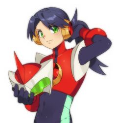  1boy armor assault_visor black_hair bodysuit cowboy_shot double_soul_(mega_man) green_eyes helmet holding holding_unworn_helmet long_hair mega_man_(series) mega_man_battle_network_(series) megaman.exe netnavi ponytail protoman.exe red_armor red_helmet simple_background taaaango tagme unworn_headwear unworn_helmet white_background 
