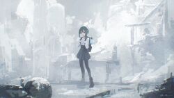  1girl absurdres ayn_(rnna) backpack bag black_bag black_boots black_pantyhose boots colored_inner_hair commentary dated english_commentary full_body green_hair high-waist_skirt highres long_sidelocks long_sleeves looking_at_viewer multicolored_hair original outdoors pantyhose pleated_skirt rnna ruins shirt short_hair sidelocks signature skirt slime_(creature) solo white_shirt 