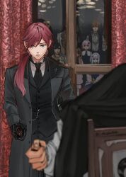  2boys black_coat black_gloves black_necktie black_suit blurry blurry_foreground coat curtains depth_of_field expressionless fushimi_gaku gloves green_eyes hanabatake_chaika highres kagami_hayato koze_niire lauren_iroas lize_helesta long_hair looking_at_viewer low_ponytail makaino_ririmu male_focus multiple_boys necktie nijisanji open_clothes open_coat ponytail red_hair shiina_yuika suit upper_body window 