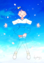  1girl :d above_clouds artist_name blue_hair blue_shirt blue_skirt blue_sky blue_theme blue_thighhighs bow casual cherry_blossoms closed_eyes clouds commentary_request cut_bangs day double_exposure facing_viewer full_body hair_bow hirogaru_sky!_precure knees_together_feet_apart kyanos_(b_0000ff) long_sleeves medium_hair miniskirt outstretched_arms petals pleated_skirt precure shirt shoes side_ponytail signature single_sidelock skirt sky smile sneakers solo sora_harewataru standing teeth thigh-highs two-tone_shirt upper_teeth_only white_shirt yellow_bow yellow_shoes 