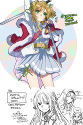  4girls absurdres aiguillette arm_up arrow_(symbol) belt belt_buckle blonde_hair buckle chibi chibi_inset circle closed_mouth colorful_background commentary_request cosplay cowboy_shot cropped_legs daiba_nana dual_wielding emoticon epaulettes fur-trimmed_jacket fur_trim green_eyes green_ribbon grey_skirt hair_between_eyes hair_ribbon hairband hand_up heart highres holding holding_behind_back holding_microphone holding_sword holding_sword_behind_back holding_weapon holding_weapon_behind_back jacket jacket_on_shoulders kaomoji katana long_hair long_sleeves looking_at_viewer madori_(sayuri5) microphone miniskirt multiple_girls nomoto_hotaru notice_lines partially_colored pleated_skirt real_life red_jacket red_sash reverse_grip ribbon saijou_claudine sash short_hair short_twintails shoujo_kageki_revue_starlight shoujo_kageki_revue_starlight_-re_live- shoulder_sash single_horizontal_stripe skirt smile sparkle speech_bubble standing striped_clothes striped_skirt sword translation_request triangle_mouth twintails v-shaped_eyebrows voice_actor voice_actor_connection waist_cape weapon white_background white_jacket yellow_belt yukishiro_akira yukishiro_akira_(cosplay) 