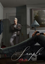  2boys absurdres black_boots black_gloves black_jacket boots closed_umbrella crossed_arms devil_may_cry_(series) fingerless_gloves flower gloves grey_pants highres indoors jacket lamp male_focus maozhu multiple_boys nero_(devil_may_cry) out_of_frame pants picture_frame poster_parody red_flower sample_watermark short_hair the_graduate umbrella vergil_(devil_may_cry) watermark white_hair 