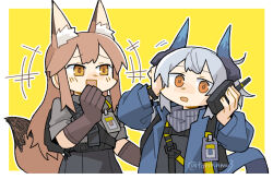  +++ 2girls animal_ear_fluff animal_ears arknights black_skirt blue_jacket border brown_gloves brown_hair commentary_request dragon_girl dragon_horns dragon_tail elbow_gloves fox_ears fox_girl fox_tail franka_(arknights) gloves grey_hair grey_shirt hand_on_own_head hand_up high-waist_skirt holding holding_walkie-talkie horns id_card jacket konno_akikaze laughing liskarm_(arknights) long_hair multiple_girls open_mouth orange_eyes outline shirt short_hair sidelocks simple_background skirt tail upper_body walkie-talkie white_border yellow_background yellow_eyes 