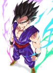  1boy absurdres clenched_hands closed_mouth dougi dragon_ball dragon_ball_super dragon_ball_super_super_hero electricity highres large_pectorals liedein looking_at_viewer male_focus muscular muscular_male pectorals sash serious solo son_gohan wristband 
