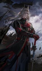  1boy absurdres arknights arknights:_endfield black_jacket clouds cloudy_sky commentary debris english_commentary grey_pants grey_sky hair_ornament hand_on_hilt highres jacket looking_at_viewer male_focus outdoors pants parted_lips pogranichnik_(arknights) secretfj520 sky solo standing sword weapon wind yellow_eyes 